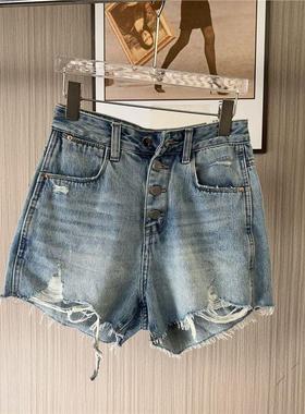 6157撤柜mini复古高腰小个子字显夏季热裤破洞毛边牛仔女夏短裤