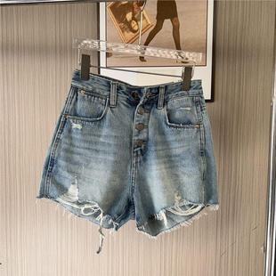 6157撤柜mini复古高腰小个子字显夏季热裤破洞毛边牛仔女夏短裤