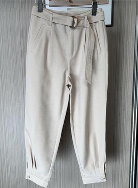 9012品撤柜ATU撤柜亚麻夏装腰带纯色休闲裤束脚宽松夏季哈伦通勤