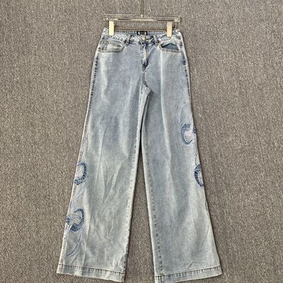 1041撤柜SD刺绣阔腿镂空夏季牛仔裤新款高腰浅蓝色直筒显瘦宽松裤
