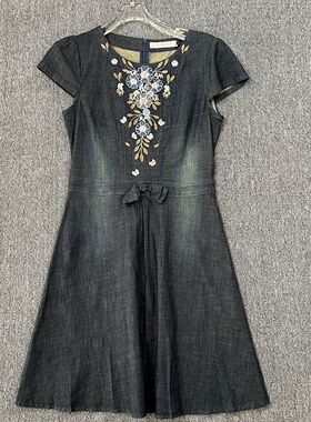 2075撤柜SD刺绣复古显瘦气质牛仔连衣裙女装夏季新款短袖减龄裙子