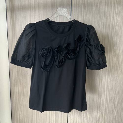 8790品牌撤柜剪标2026夏季新款立体装饰短袖T恤衫黑色上衣