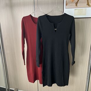 025品牌撤柜ST时尚女装新款收腰打底长袖针织女长裙修身连衣裙