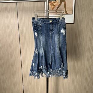 111-16品牌撤柜ST时尚女装半身裙牛仔裙不规则破洞毛边流苏开叉