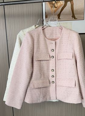 6053撤柜xxq香风粉色春秋名媛2025圆领新款秋季短款外套气质上衣