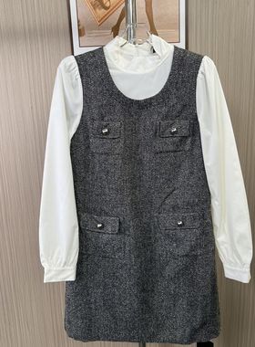 8527撤柜DS气质复古灰色毛呢香风连衣裙秋冬新款无袖