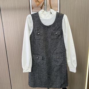 8527撤柜DS气质复古灰色毛呢香风连衣裙秋冬新款 无袖