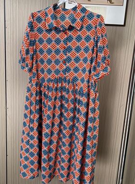 9343品牌撤柜南油货夏季新款橘色蓝色拼接碎花连衣裙女宽松版时尚