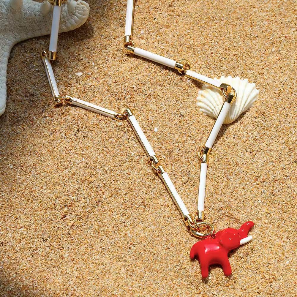 度假风红色小象项链女通勤竹节项链简约百搭天然巴洛克珍珠项饰女