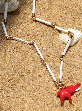 度假风红色小象项链女通勤竹节项链简约百搭天然巴洛克珍珠项饰女