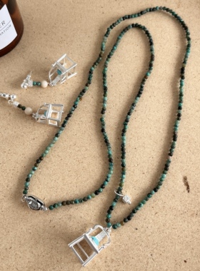 豆豆同款稳坐四方圈椅绿松石项链耳针国风新中式毛衣链轻奢锁骨链