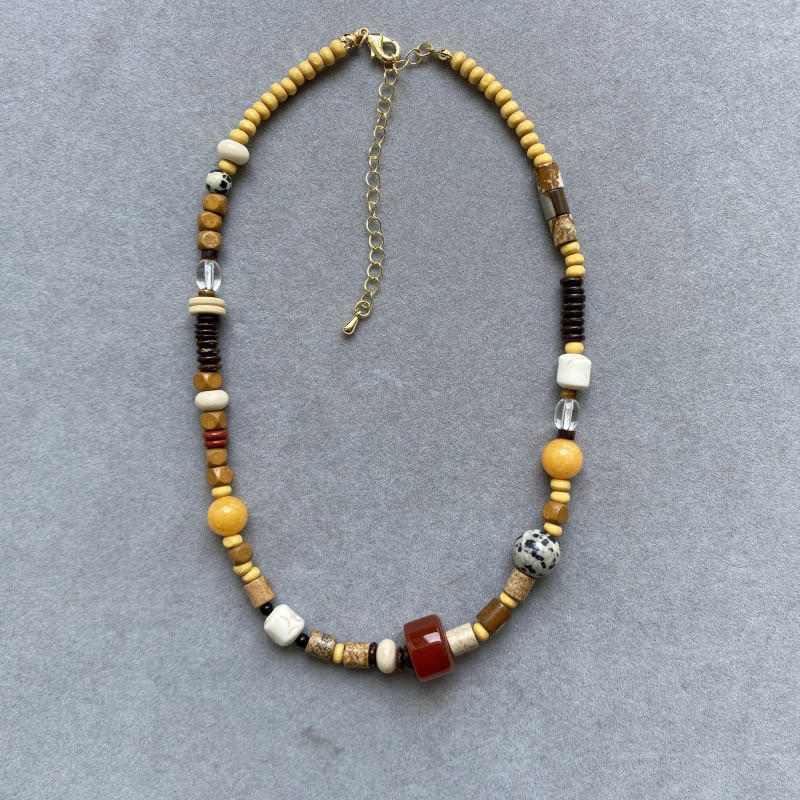 春夏天然石木珠项链不对称彩色串珠新中式小众设计师款气质锁骨链