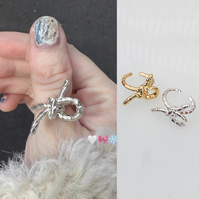 ins博主同款重工实心蝴蝶结开口戒指女小众复古感不规则百搭指环