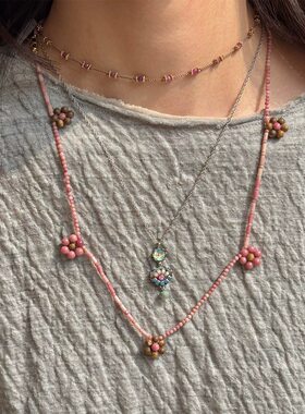 ZIXIU子休天然沉香红纹石樱花花小花吊坠项小众设计锁骨链毛衣链