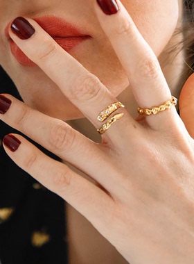 复古镶钻戒指气质时尚轻奢 欧美复古ins开口可调节蛇形缠绕食指戒