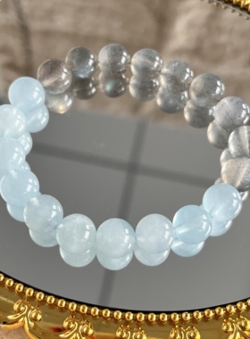 夏日月夜新款简约百搭天然海蓝宝灰月石拼接手链轻奢小众设计手串