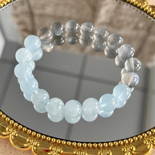 夏日月夜新款简约百搭天然海蓝宝灰月石拼接手链轻奢小众设计手串