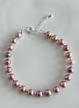 天然粉紫色巴洛克淡水珍珠碎银子手串女小众轻奢高级感手链送礼物