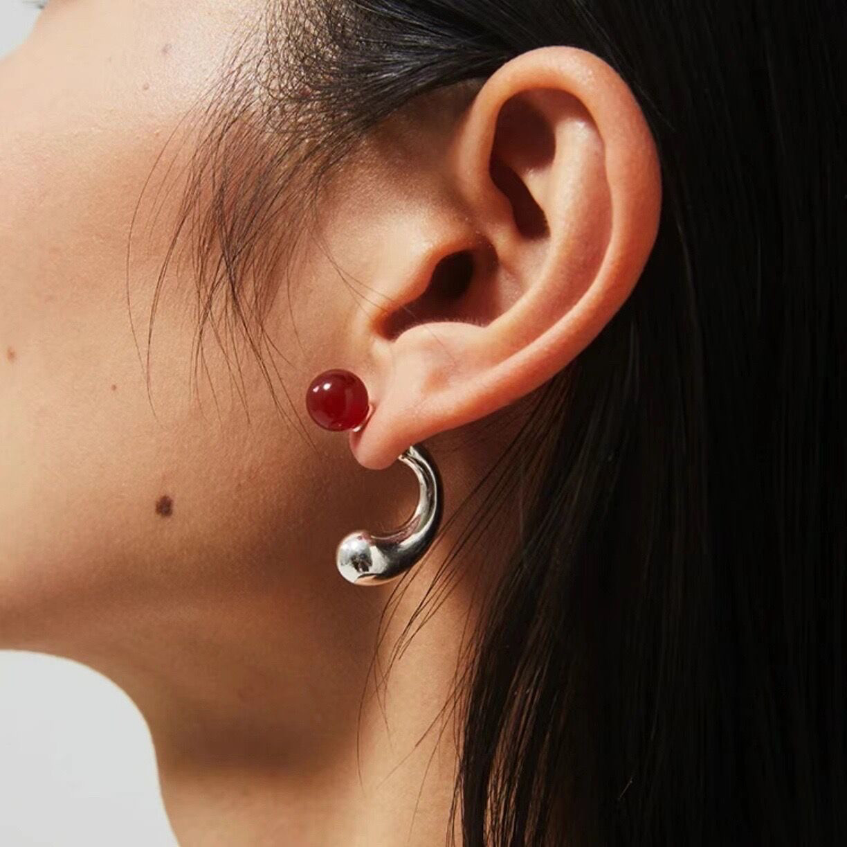 24年新款双色红玛瑙耳钉女灰玛瑙水滴耳饰高级感小众耳环气质百搭