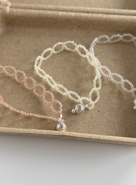 小众韩系春夏清新浅粉手工编织镂空尖晶石蕾丝手串时尚设计款手链