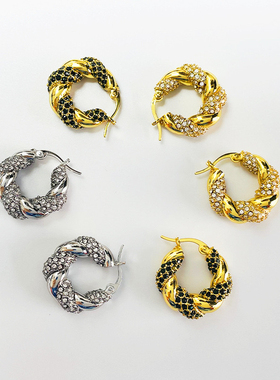 麻花满钻圆圈耳环高级感轻奢欧美时髦个性气质耳坠法式复古耳饰潮