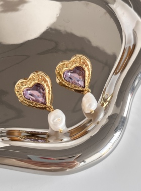 欧美高级感法式爱心天然巴洛克珍珠吊坠耳环女紫色锆石复古耳钉