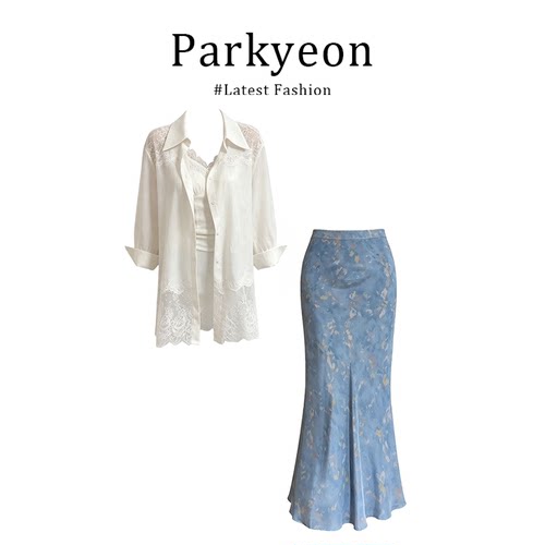 parkyeon氛围感纯欲防晒衬衫内搭吊带垂感缎面鱼尾半身裙两件套