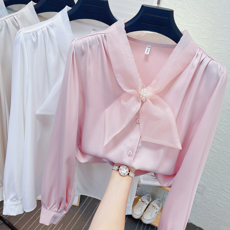 欧根纱蝴蝶结v领醋酸缎面衬衫女春秋季宽松长袖真丝打底衬衣上衣