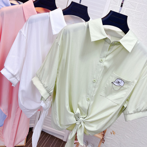 设计感宽松下摆打结雪纺短袖衬衫