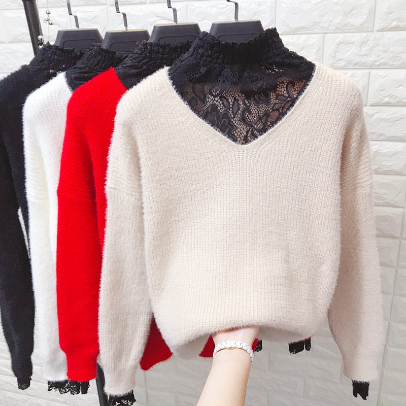 花边半高领假两件毛茸茸套头毛衣港味chic钩花蕾丝拼接针织打底衫