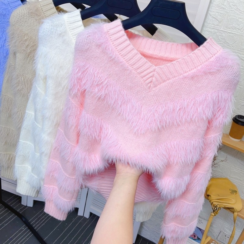 V领水貂绒打底毛衣女秋冬季新款毛茸茸马海毛内搭保暖针织衫上衣