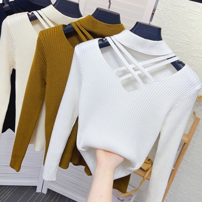 镂空挂脖半高领针织打底衫