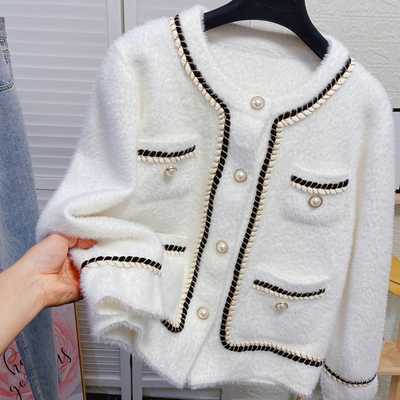 小香风编织金边水貂绒外套