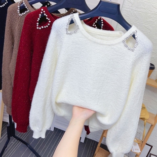 秋冬新款镂空亮钻圆领宽松亮丝毛衣女安哥拉红露肩打底针织衫上衣