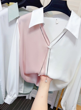 项链V领拼色真丝衬衫女春秋新款气质OL上衣醋酸缎面撞色打底衬衣