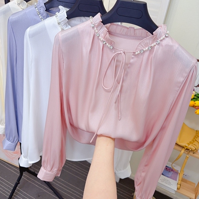 甜美系带蝴蝶结镂空镶钻雪纺衫女装春秋新款醋酸缎面打底衬衫上衣