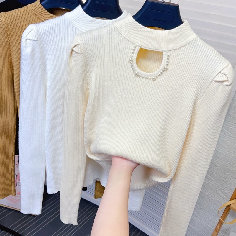 镂空钉珠半高领套头针织毛衣