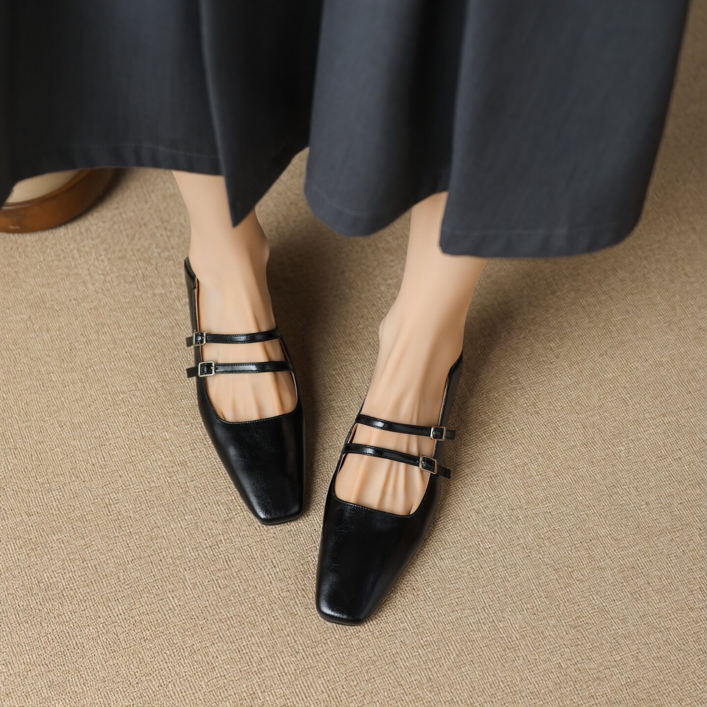 真皮法式复古玛丽珍鞋女春小众浅口方头粗跟一字带平底可踩跟单鞋