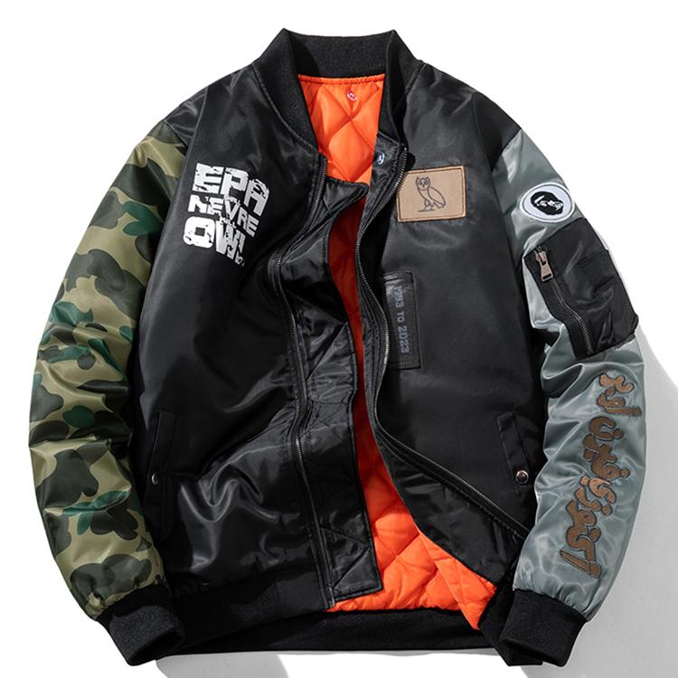 美式潮牌猫头鹰迷彩棉衣外套男女秋冬季飞行员夹克拼色棒球棉服