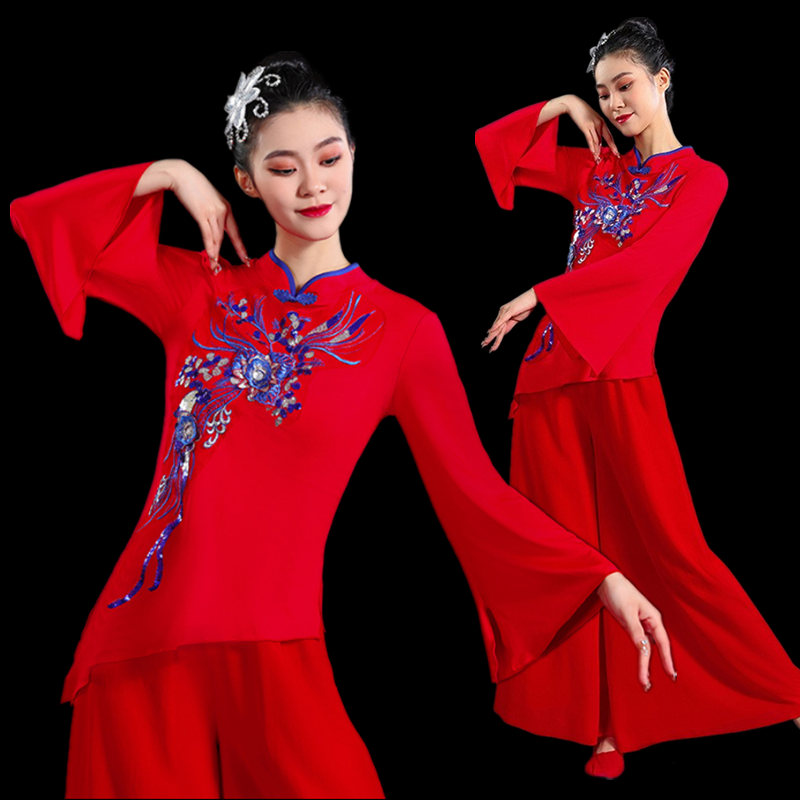新款秧歌服雪纺阔腿裤古典练功舞蹈服中国风民族广场舞演出服套装
