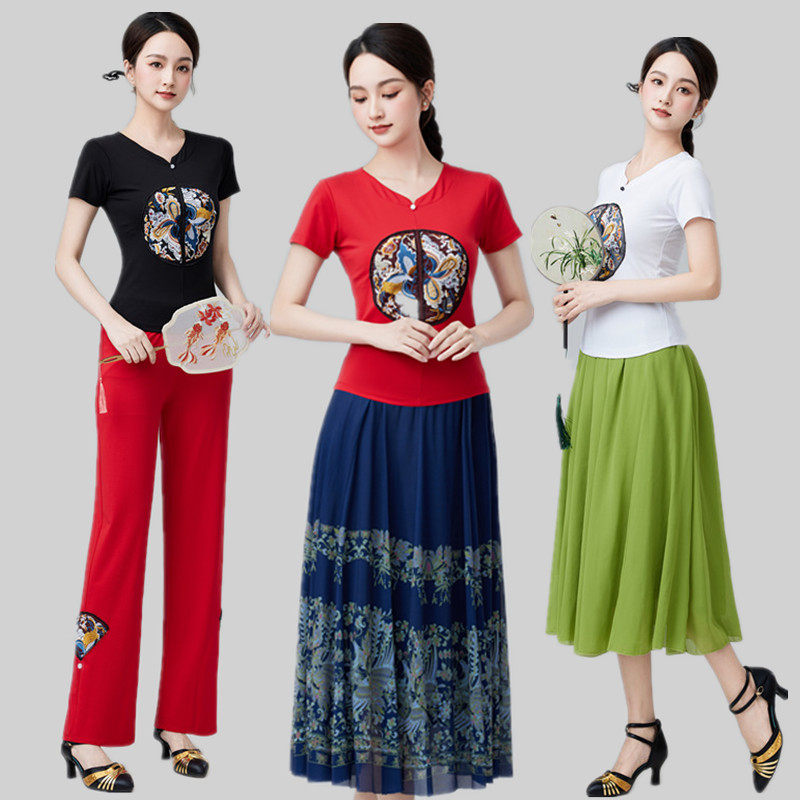 2024新款跳广场舞运动服国风刺绣短袖雪纺裙套装民族风团体舞蹈服