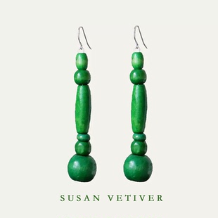 SUSAN VETIVER「构」秋冬单色绿木珠原创设计925银耳钩耳夹饰品