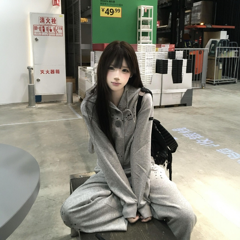 慵懒风少女休闲运动服套装女秋冬兔耳朵卡通开衫卫衣阔腿裤两件套