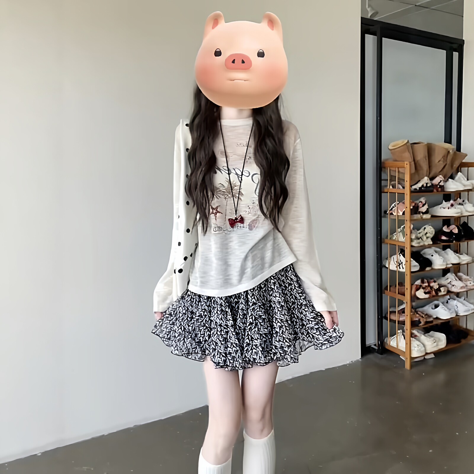 韩系甜妹休闲运动套装女夏季印花长袖防晒T恤碎花蛋糕短裙两件套