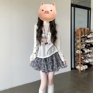 防晒T恤碎花蛋糕短裙两件套 印花长袖 韩系甜妹休闲运动套装 女夏季