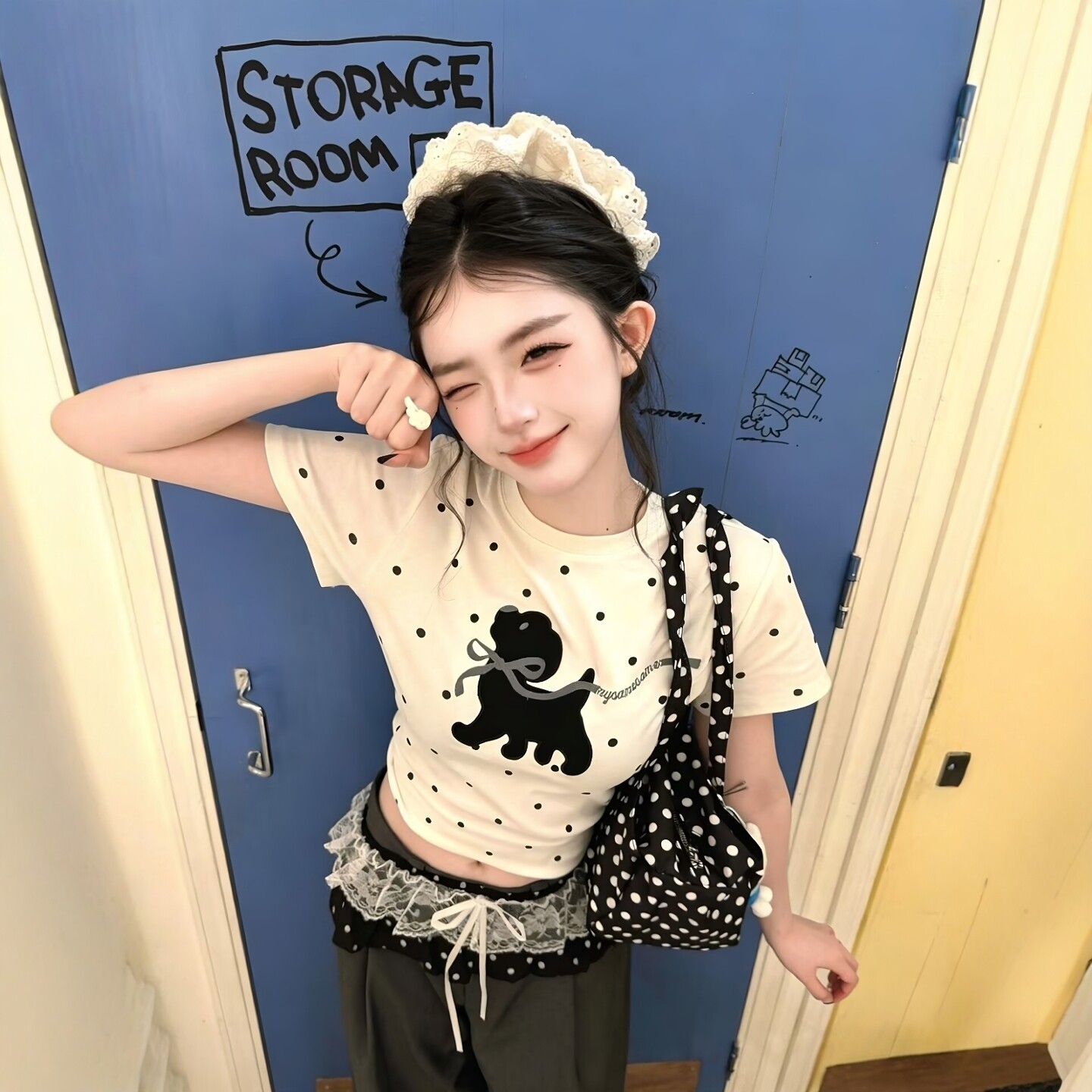 韩系少女感休闲运动套装女夏季波点短袖T恤高腰阔腿裤甜妹两件套