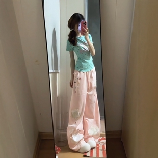 韩系少女休闲运动套装夏季显瘦波点短袖阔腿长裤多巴胺穿搭两件套