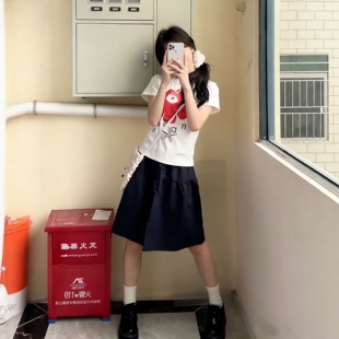 红花短袖 修身 复古半身裙显瘦两件套 女夏季 日系学院风休闲运动套装