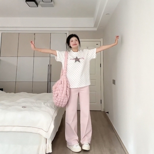 T恤粉色长裤 慵懒波点短袖 两件套 女夏季 小韩系设计感休闲运动套装