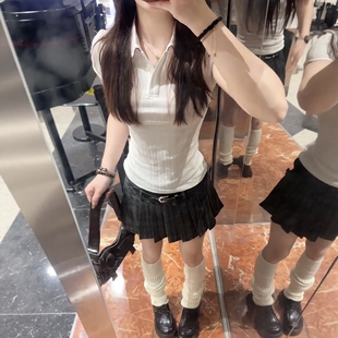 POLO衫 短袖 格纹百褶短裙学院风两件套 女夏季 韩系甜妹休闲运动套装